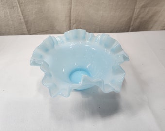 Vintage Fenton 40's Glass Bowl Blue Overlay Ruffled Crimped Edge Candy Dish