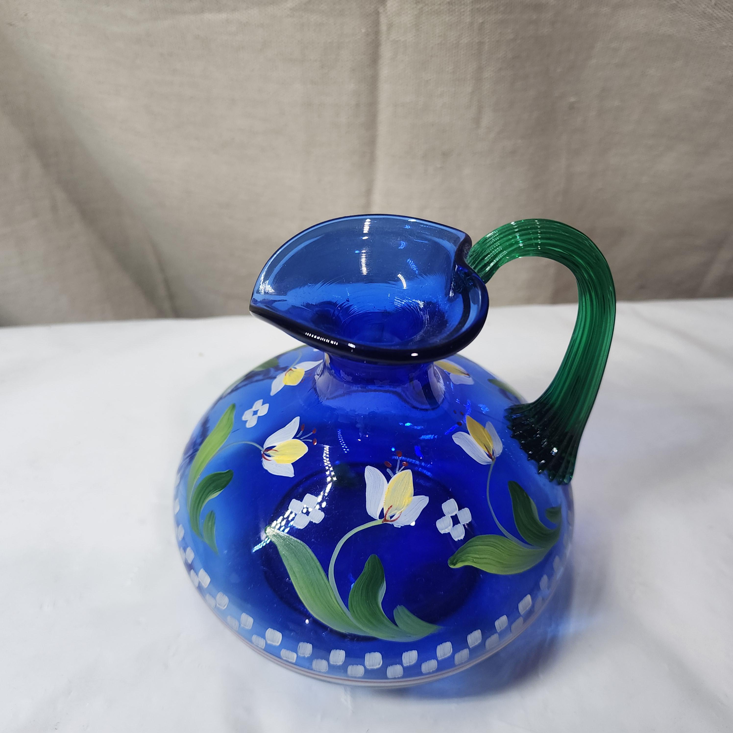 Vintage Fenton Hand Painted Cobalt Designer Showcase Pitcher/ewer