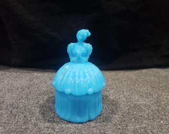 Vintage Akro Agate Glass Colonial Lady Powder Jar Puff Box / Powder Box Turquoise