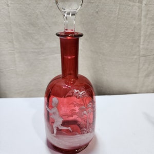 Antique Mary Gregory Cranberry Red Glass Decanter 12&quot; h