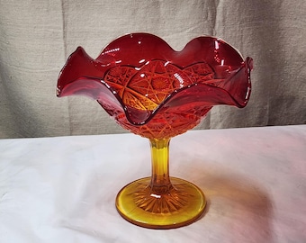 Vintage 1980's Dalzell Viking Amberina Pedestal Glass Orange Red Candy Dish Bowl