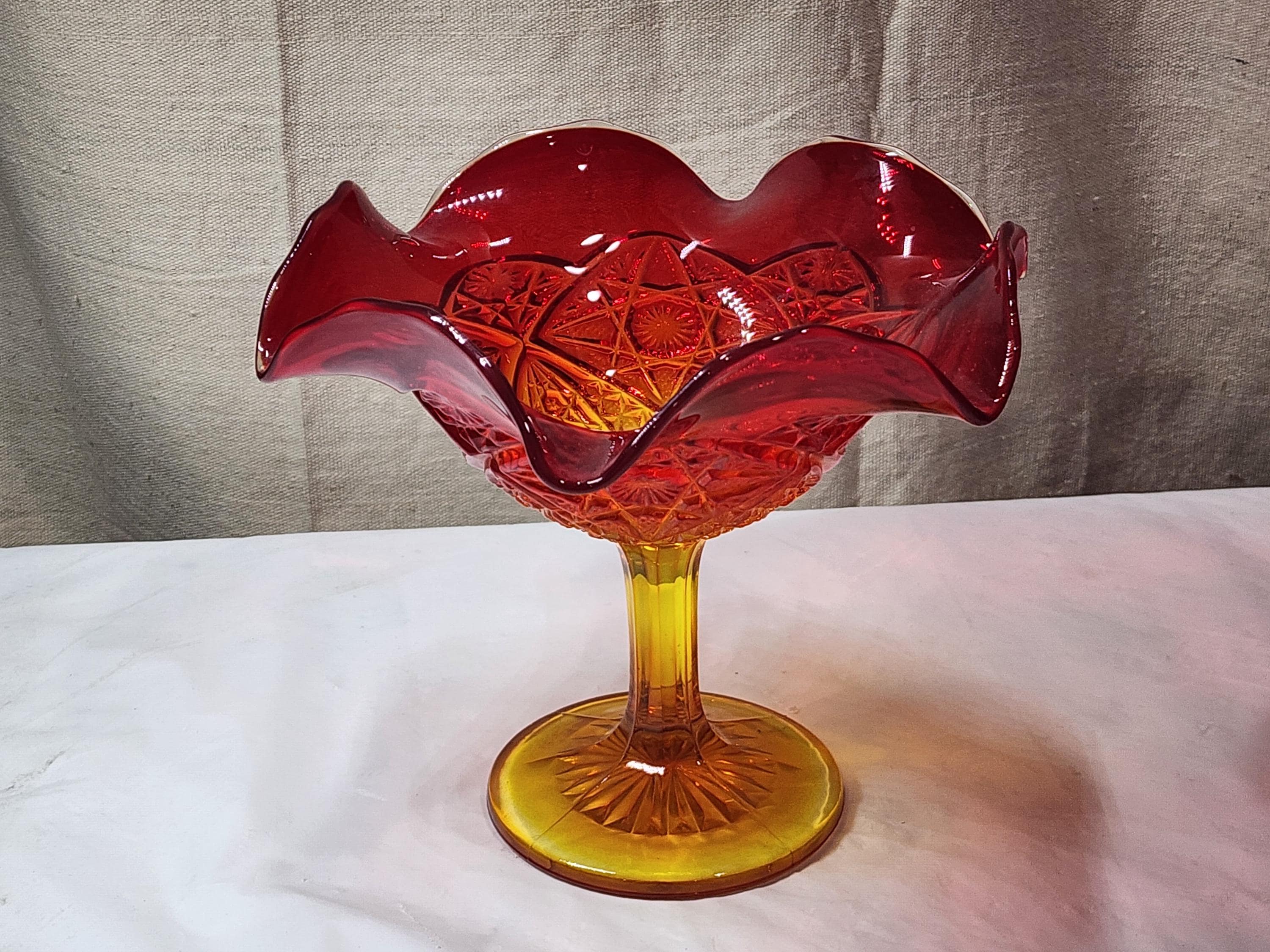 Vintage 1980's Dalzell Viking Amberina Pedestal Glass Orange Red