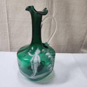 Vintage Green Mary Gregory  Blown Glass Long Neck Pitcher w/Handle Girl