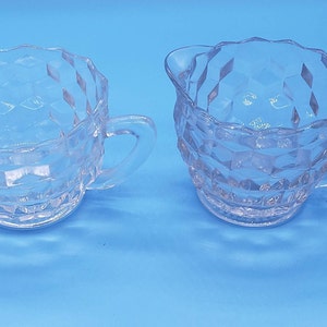 Fostoria American  Clear Glass Sugar Bowl And Creamer Set - Cube Design