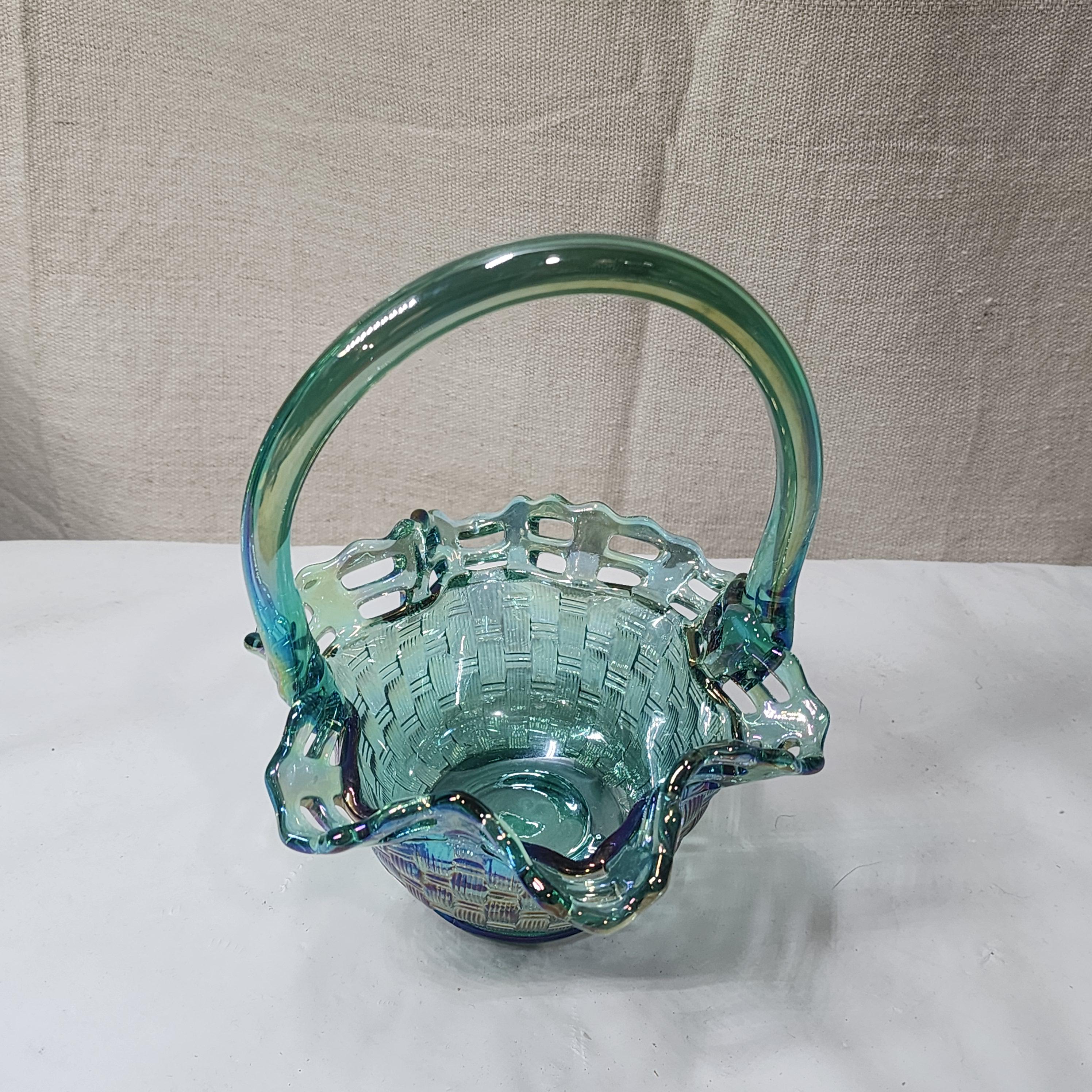 Vintage Fenton Carnival Glass Art Glass Weave Pattern Basket 8 In