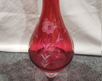 Tall Ruby Red Stained Cut to Clear Footed Wine Bottle Decanter NO STOPPER