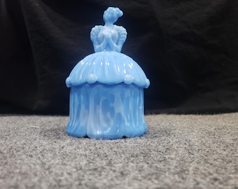 Vintage Akro Agate Glass Blue Slag Colonial Belle Lady Powder Box / Puff Box 6"