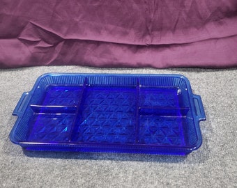 Vintage Rare  American Fostoria Dark Blue 5 part Tray Relish