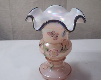 Vintage Fenton Art Glass Sunset Overlay Trophy Vase Signed