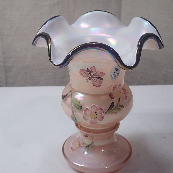 Vintage Fenton Art Glass Sunset Overlay Trophy Vase Signed