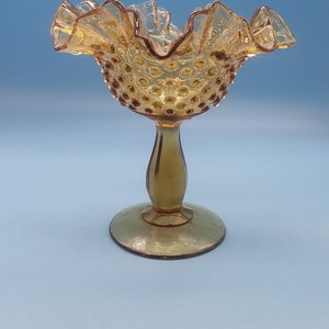 Vintage Fenton Amber Hobnail Round Compote Glass Ruffle Top