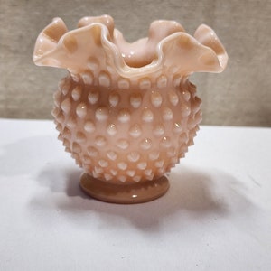 Fenton Opaque Pink Pastel Hobnail Ruffled Crimped Vase Rose Bowl