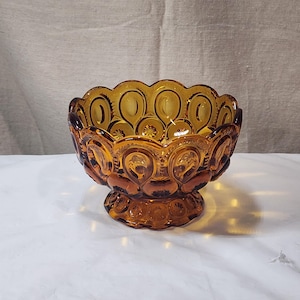 Vintage L.E. Smith Moon and Stars Amber Compote Candy Dish 4x6 MCM