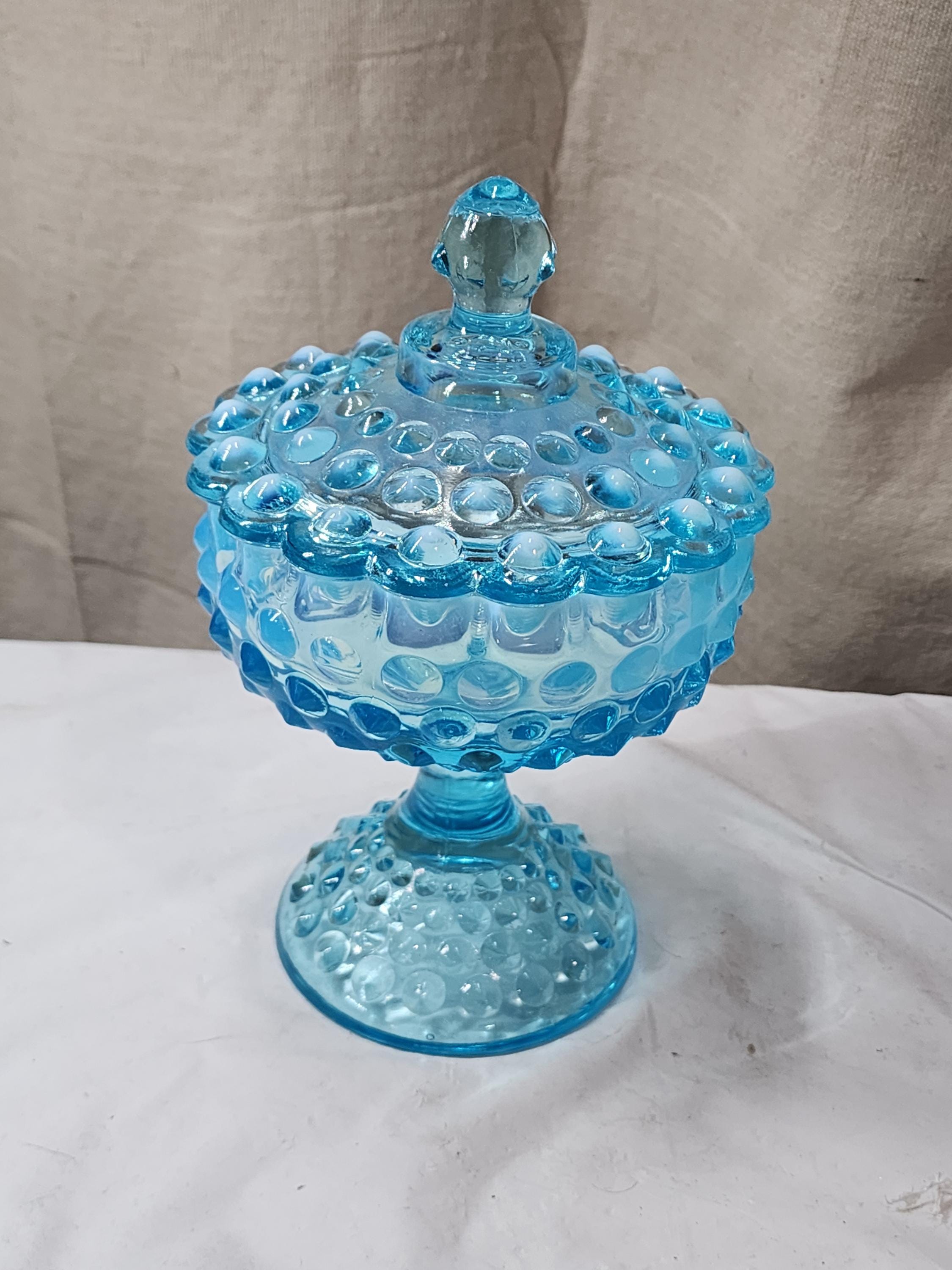 Vintage Fenton Glass Blue OPALESCENT HOBNAIL FOOTED Covered