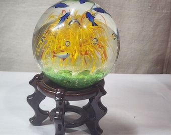 Murano Glass Ocean Paperweight: Large Aquatic Sphere with Wood Stand