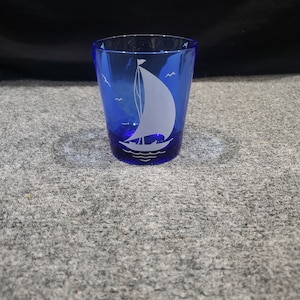 Hazel Atlas Ships/ Sailboat/ Sportman Series Cobalt Blue W/ White 3 3/8&quot; Old Fashion Tumbler
