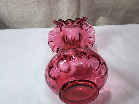 Vintage Fenton Glass Art Coin Dot Cranberry Ruffled Vase 8 1/4