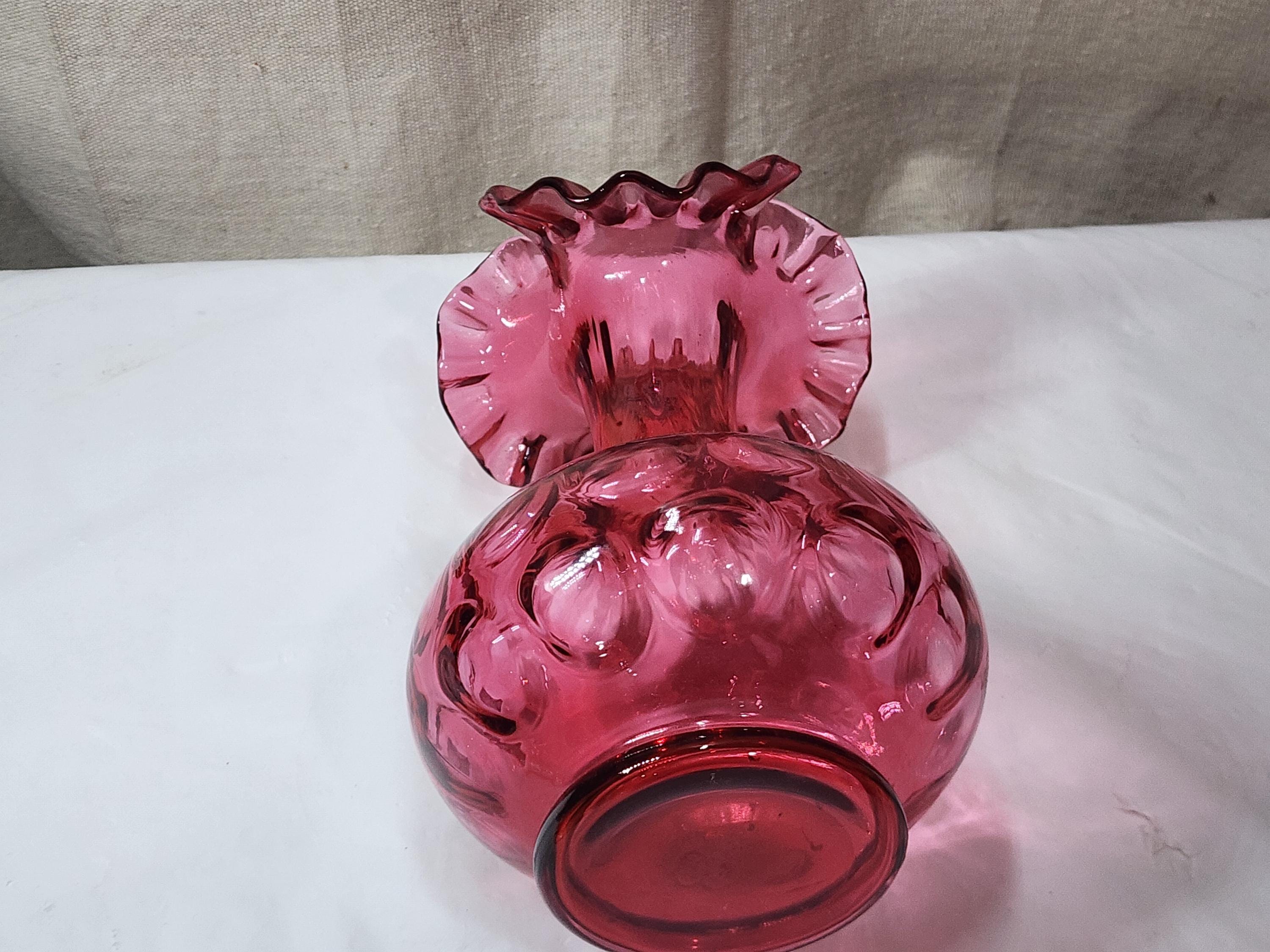 Vintage Fenton Glass Art Coin Dot Cranberry Ruffled Vase 8 1/4