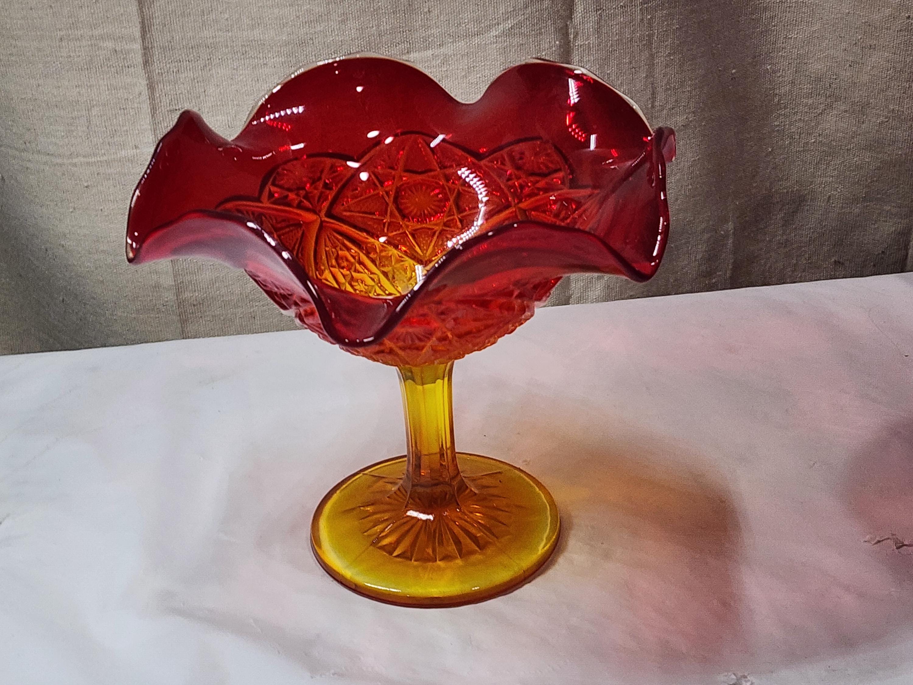 Vintage 1980's Dalzell Viking Amberina Pedestal Glass Orange Red