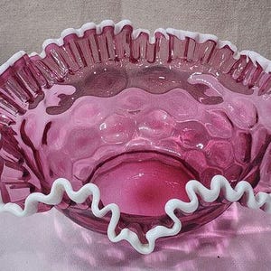 Vintage Fenton Cranberry Snow Crest Thumbprint Bowl 10&quot;