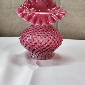 Fenton Glass Cranberry Opalescent Spiral Optic Hobnail Tulip Jack Pulpit Vase
