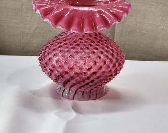 Fenton Glass Cranberry Opalescent Spiral Optic Hobnail Tulip Jack Pulpit Vase