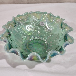 Vintage Fenton Hollys and Berry Sea Green Iridized Bowl 8.5W