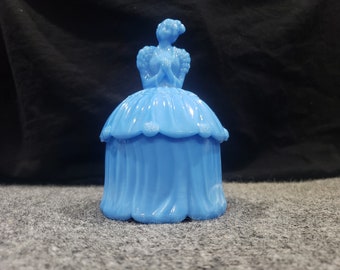 Vintage Akro Agate Glass Blue Slag Colonial Belle Lady Powder Box / Puff Box 6"