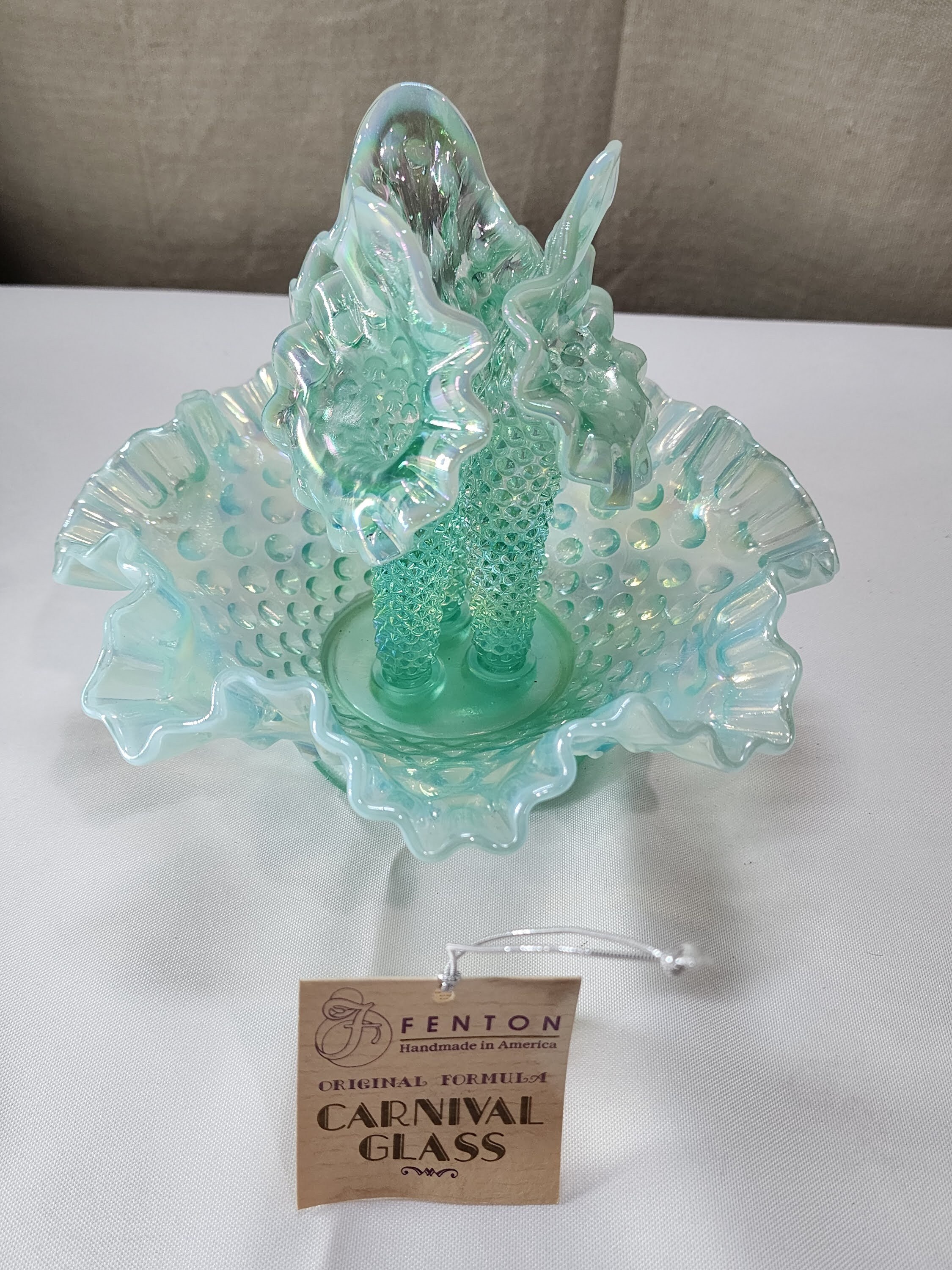 Vintage Fenton Aqua Iridescent Persian Pearl Hobnail Epergne Vase