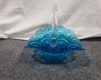 Vintage L.E. Smith Mond und Sterne Blaues Glas, klarer Fußkorb mit Griff