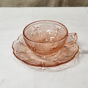 Vintage Jeannette Cherry Blossom Pink Depression Glass Child's Toy Dish Cup and Saucer