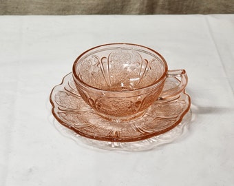 Vintage Jeannette Cherry Blossom Pink Depression Glass Child's Toy Dish Cup and Saucer