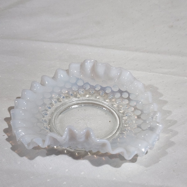 Vintage Fenton White Opalescent Hobnail Ruffled Candy Bonbon Dish