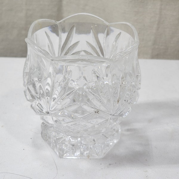 Vintage Crystal-Clear Industries Carolyn pattern clear crystal votive candle holder with fan design and scalloped edge