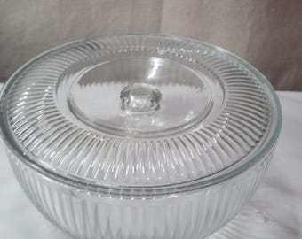 Vintage Round Clear Glass Ribbed Casserole Dish with Lid MCM