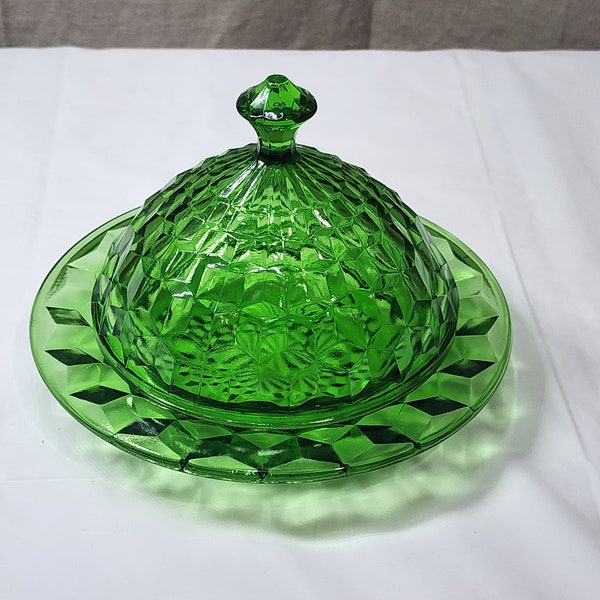 Vintage Green Uranium / Vaseline Jeanette Cubist Butter Dish