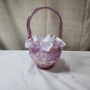 Fenton Glass Pink Dusty Rose Poppy Overlay Iridescent Glass Basket 1997