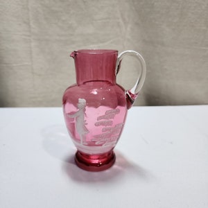 Antique Mary Gregory Cranberry Red Glass Pitcher W/ Clear Handle 5 1/4&quot;H