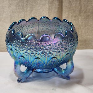 Fenton Iridescent  Blue &quot;Orange Tree&quot; Pattern footed Bowl, Museum Collection