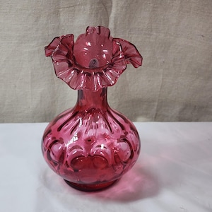 Vintage Fenton Glass Art Coin Dot Cranberry Ruffled Vase 8 1/4&quot;H