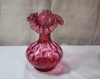 Vintage Fenton Glass Art Coin Dot Cranberry Ruffled Vase 8 1/4"H