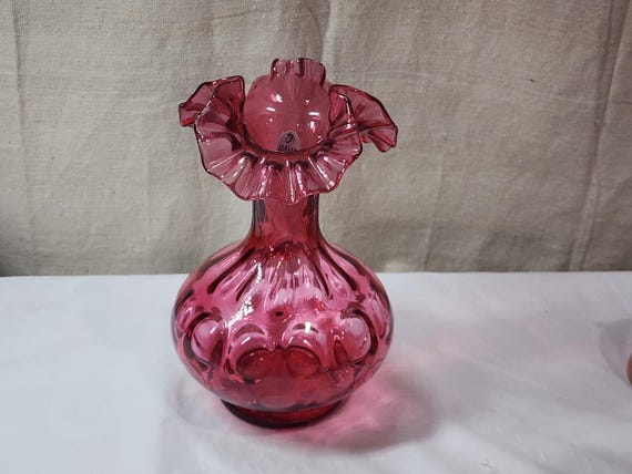 Vintage Fenton Glass Art Coin Dot Cranberry Ruffled Vase 8 1/4