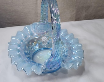 Fenton Misty Blue Opalescent Iridized Hobnail 6" Twisted Handle Basket #CV229 LK