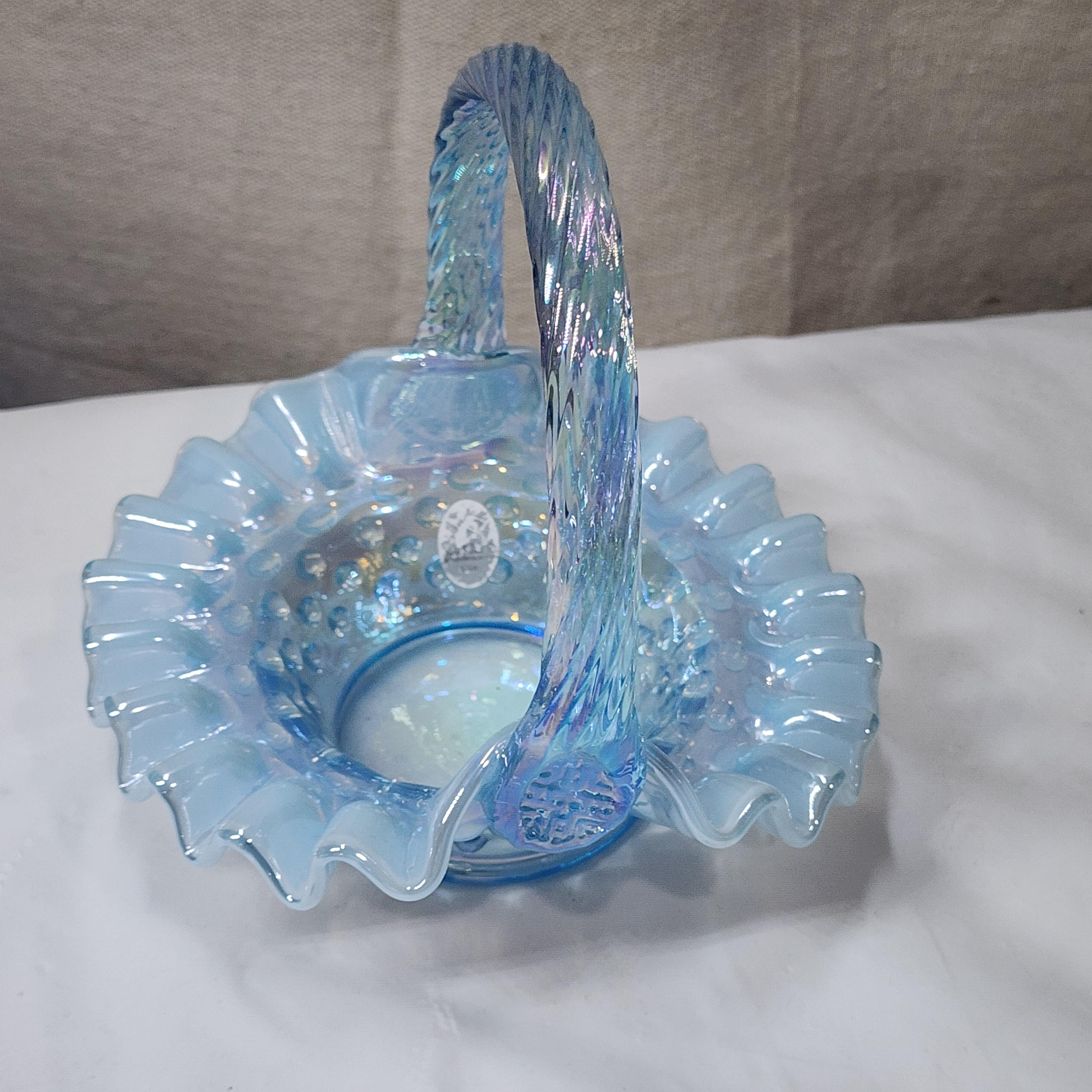 Fenton Blue Opalescent Hobnail Basket - Etsy