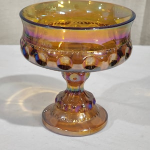 Vintage Indiana Amber Carnival Glass Kings Crown Thumbprint Compote/Candy Bowl