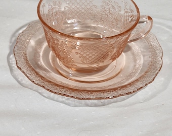 Vintage Normandie Pink &quot;Bouquet & Lattice&quot; Federal Glass Cup and Saucer Set