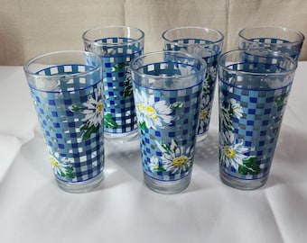 6x Vintage Daisy and Blue Plaid KIG Indonesia Gingham Highball Glasses