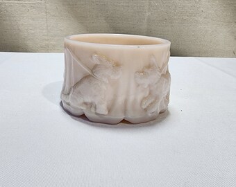 Vintage Akro Agate Pink Slag Scotty Dog powder Box / Puff Box 6" bottom