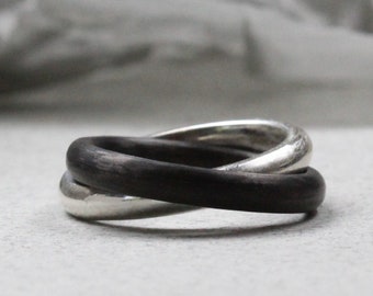 Zilver- en koolstofvezel oneindigheidsring, moeder- en dochterring, knoopring, partnerschapsring, fidgetring, Russische trouwring.