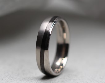 Titanium and Carbon Fibre Asymmetrical pattern wedding ring. Comfort fit. FREE ENGRAVING.